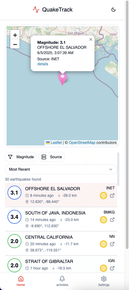 QuakeTrack earthquake map with real data